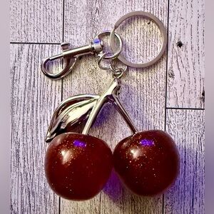 Red Sparkle Cherry Keychain with silver Accents Bag Purse Charm